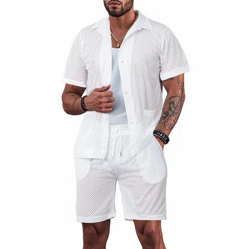 Lightweight women's beach shorts suit set in lake blue, showing short sleeve jacket and matching shorts.
