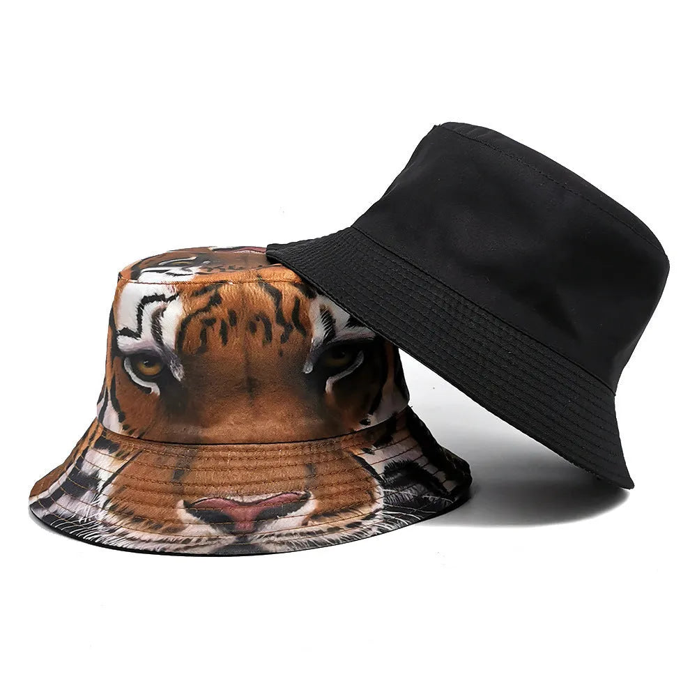 Retro tiger print bucket hat in khaki colour with dome crown for sun protection.