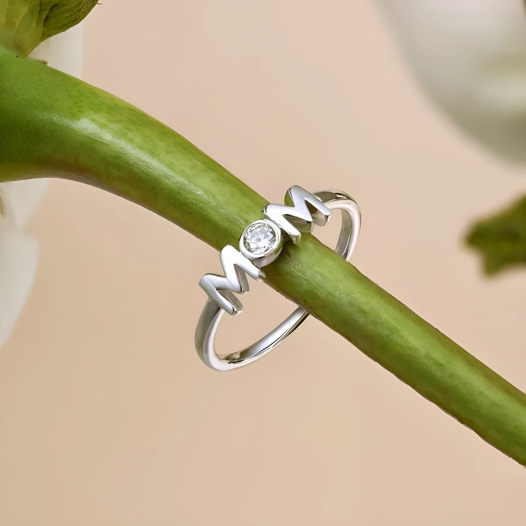 MOM Design refined simple geometric letter ring for women in silver with gold and platinum colour options