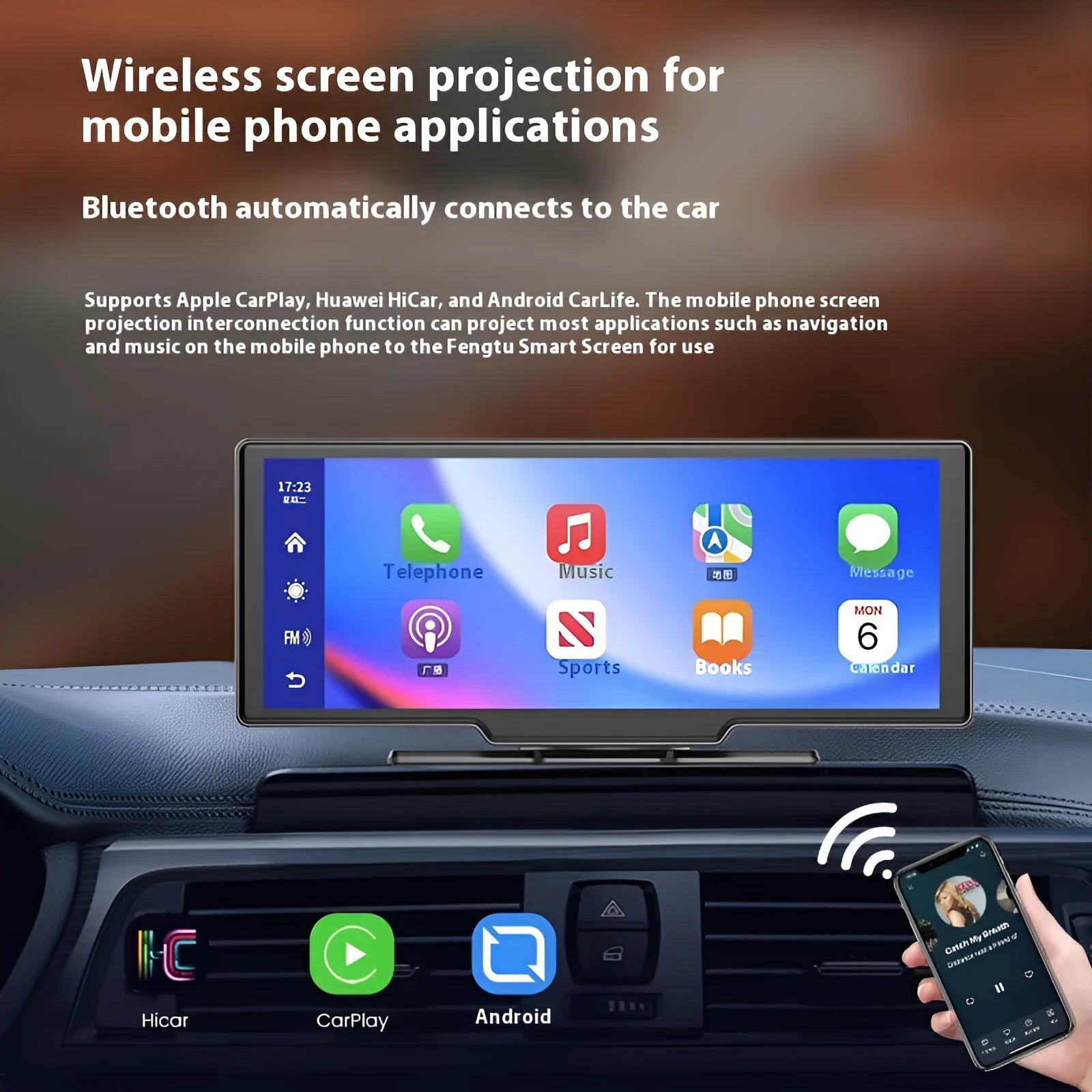 10-inch car smart screen with CarPlay and driving recorder functions on dashboard