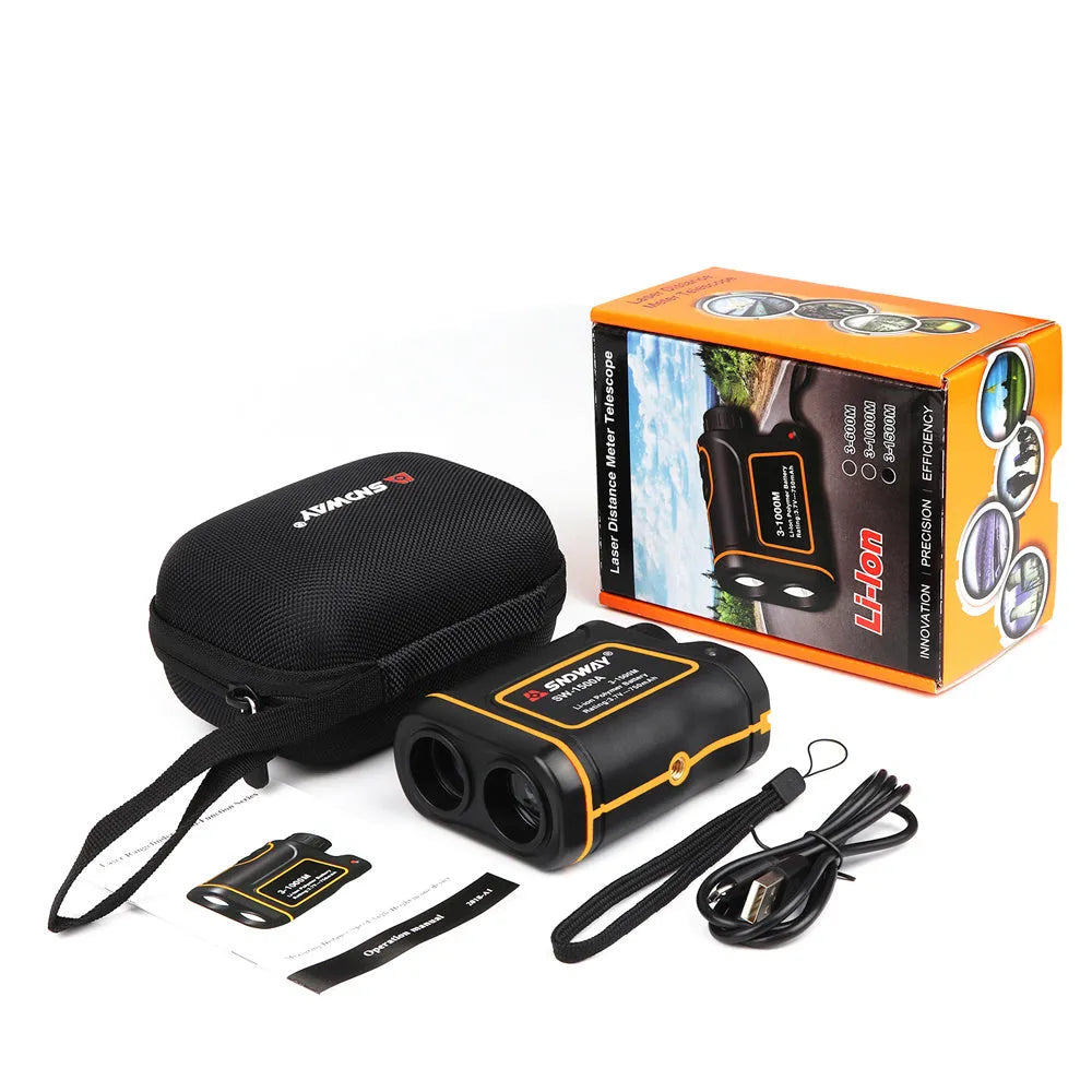 Handheld golf rangefinder showing digital display with distance measurement