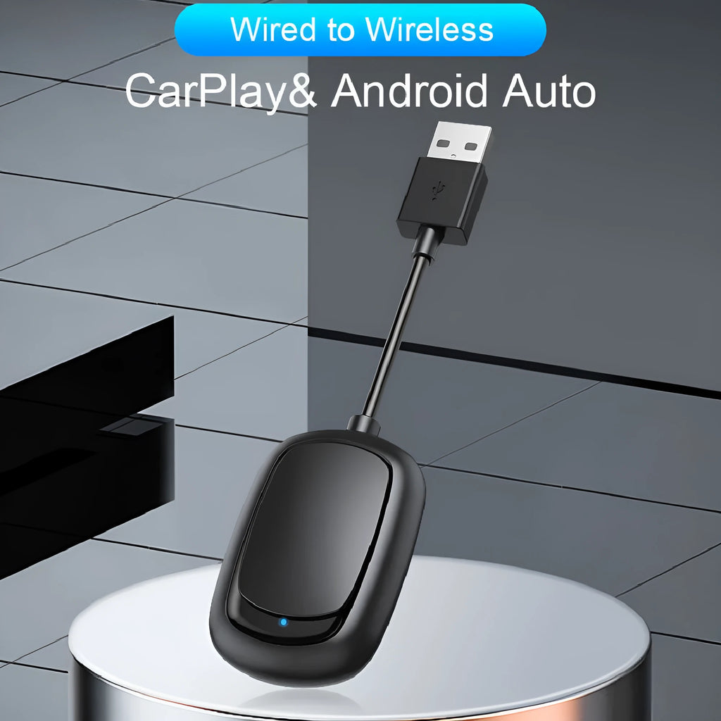 Wireless CarPlay and Android Auto 2-in-1 adapter box with USB plug for car connectivity.