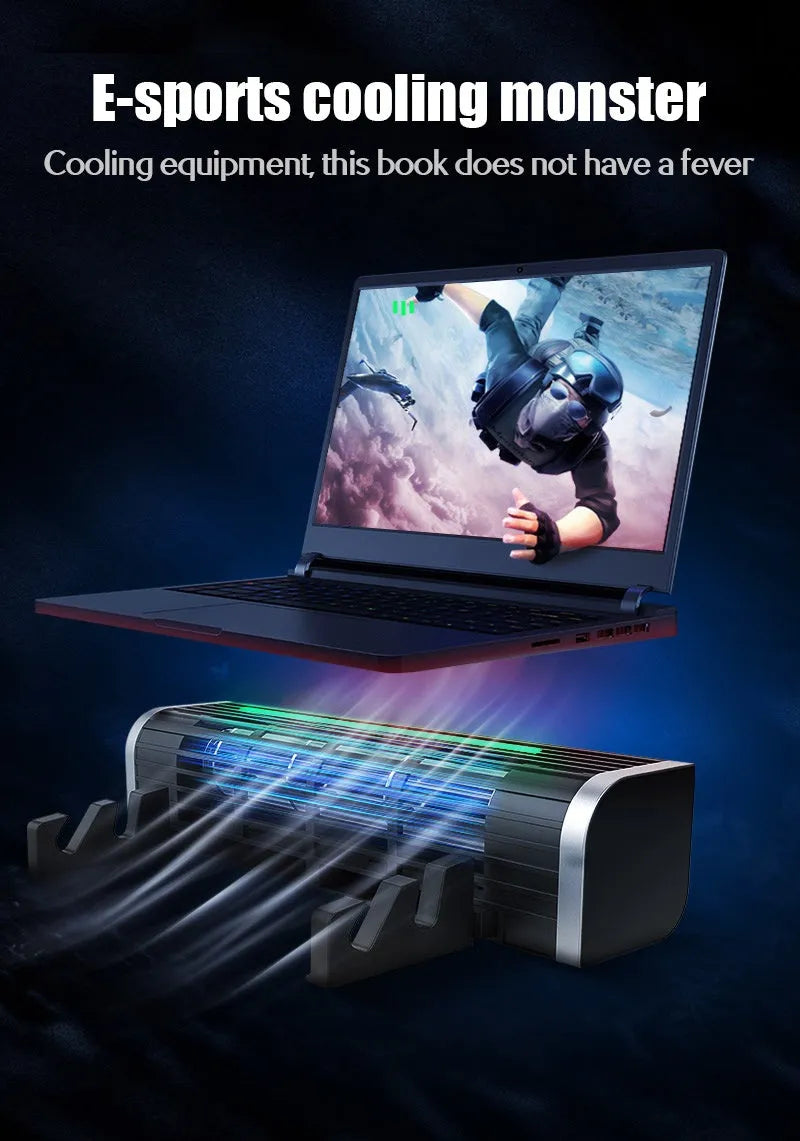 Black notebook cooling pad with adjustable fan speed control showing 294cm length and USB power connection