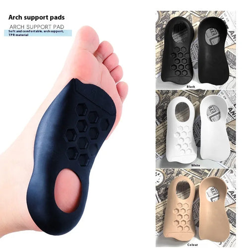 TPR arch support insoles for varus foot correction in white, black, and skin colour.