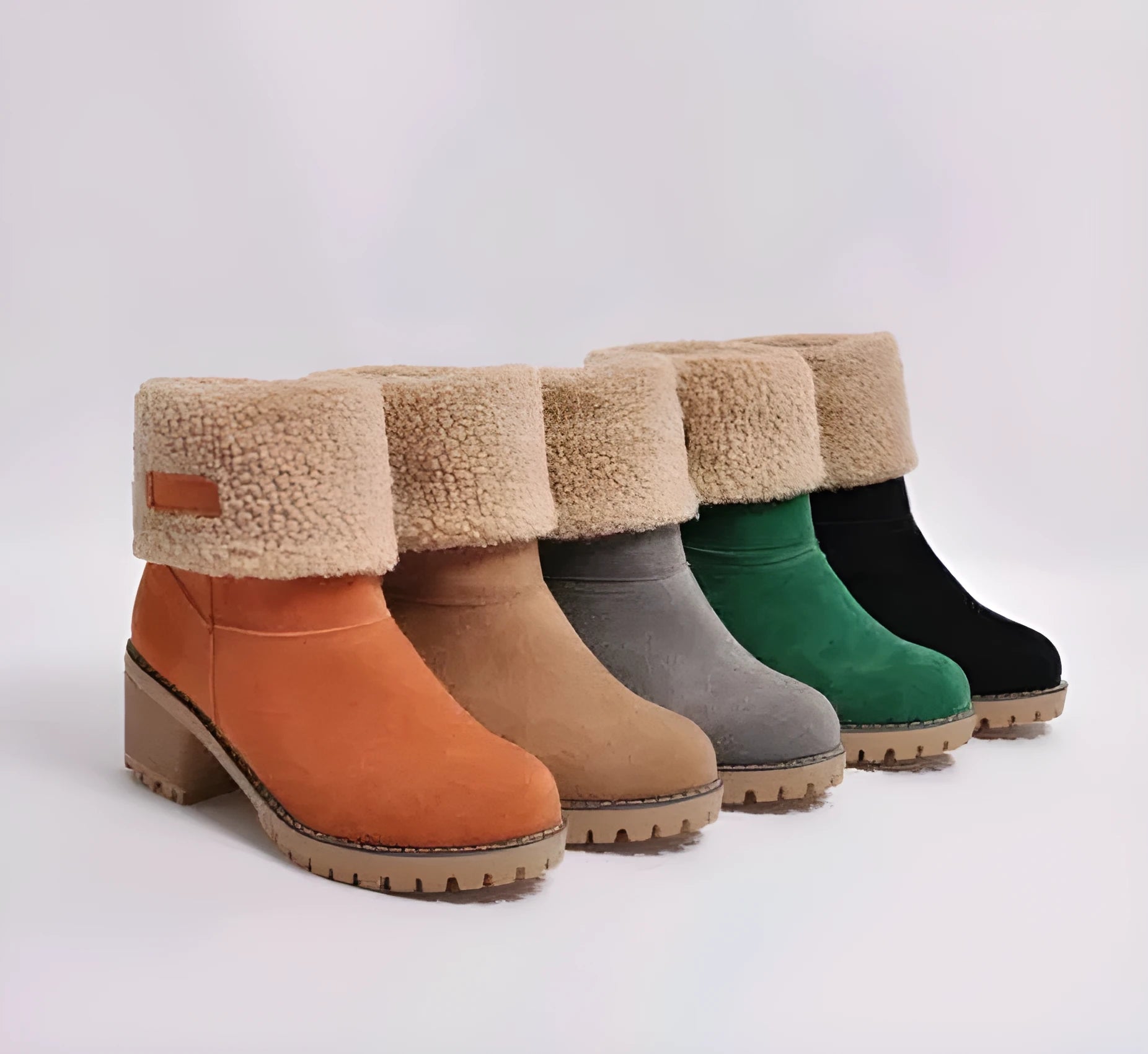 Women's mid-calf suede snow boots in grey with a thick heel and waterproof platform sole.