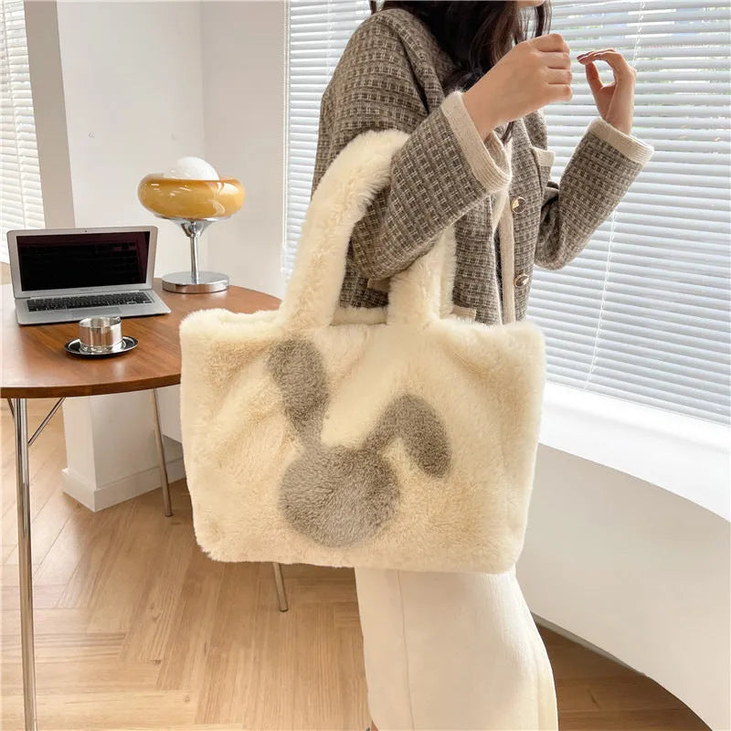 Plush cartoon rabbit ears shoulder bag in solid colour with large capacity