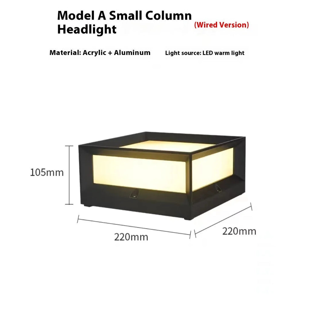 Aluminium outdoor solar column light with LED, shown in garden setting.