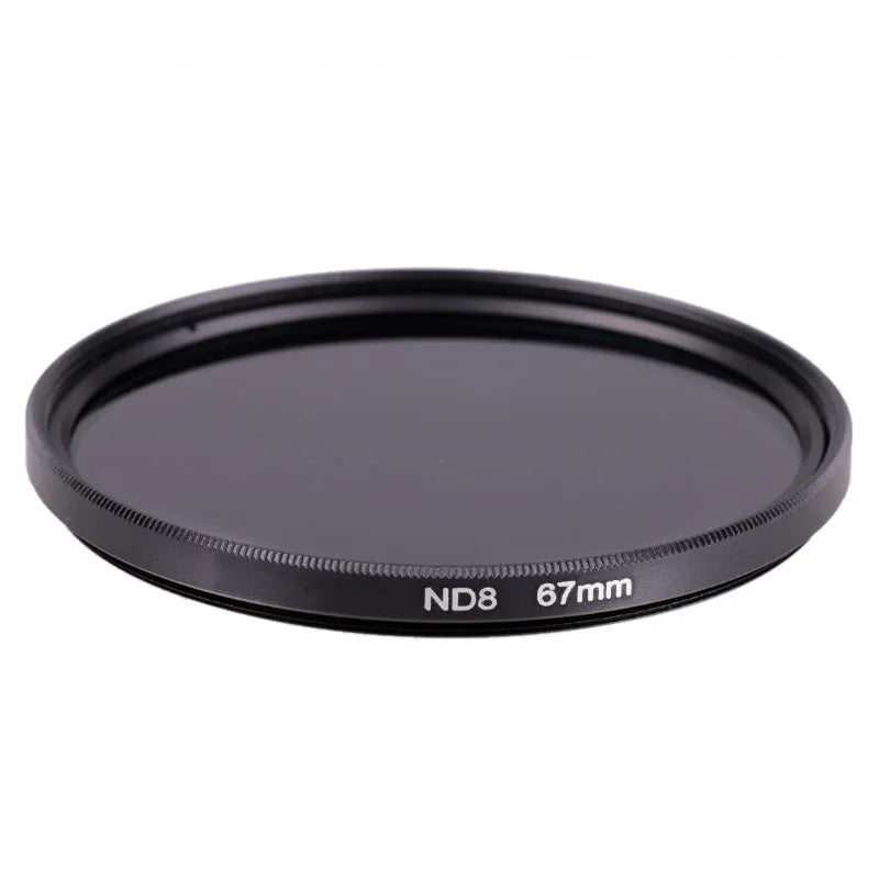 Camera ND8 filter with aviation aluminium frame showing thread sizes from 49mm to 82mm