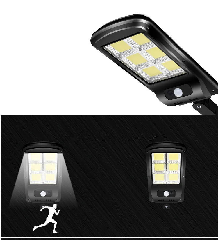 Black solar motion sensor street light for outdoor garden and pathway security lighting