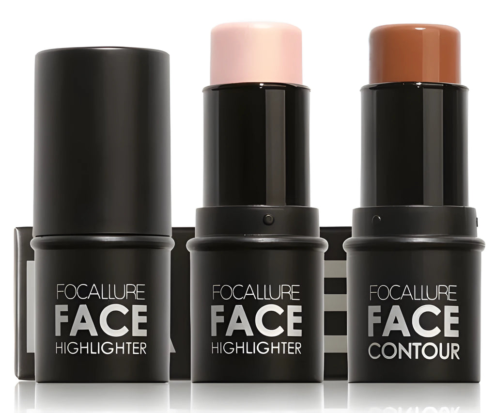Face contour highlighter makeup product shown in four colour variants A, B, C, D for cheek and brow bone application.