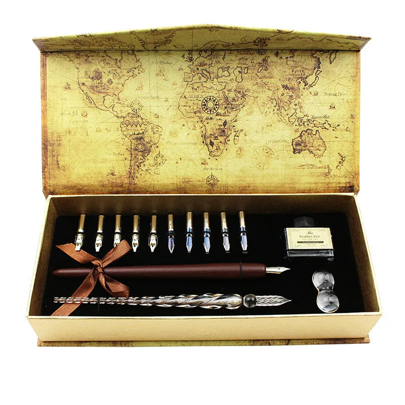 Handmade glass crystal wooden dip pen set in gift box with stainless steel nib