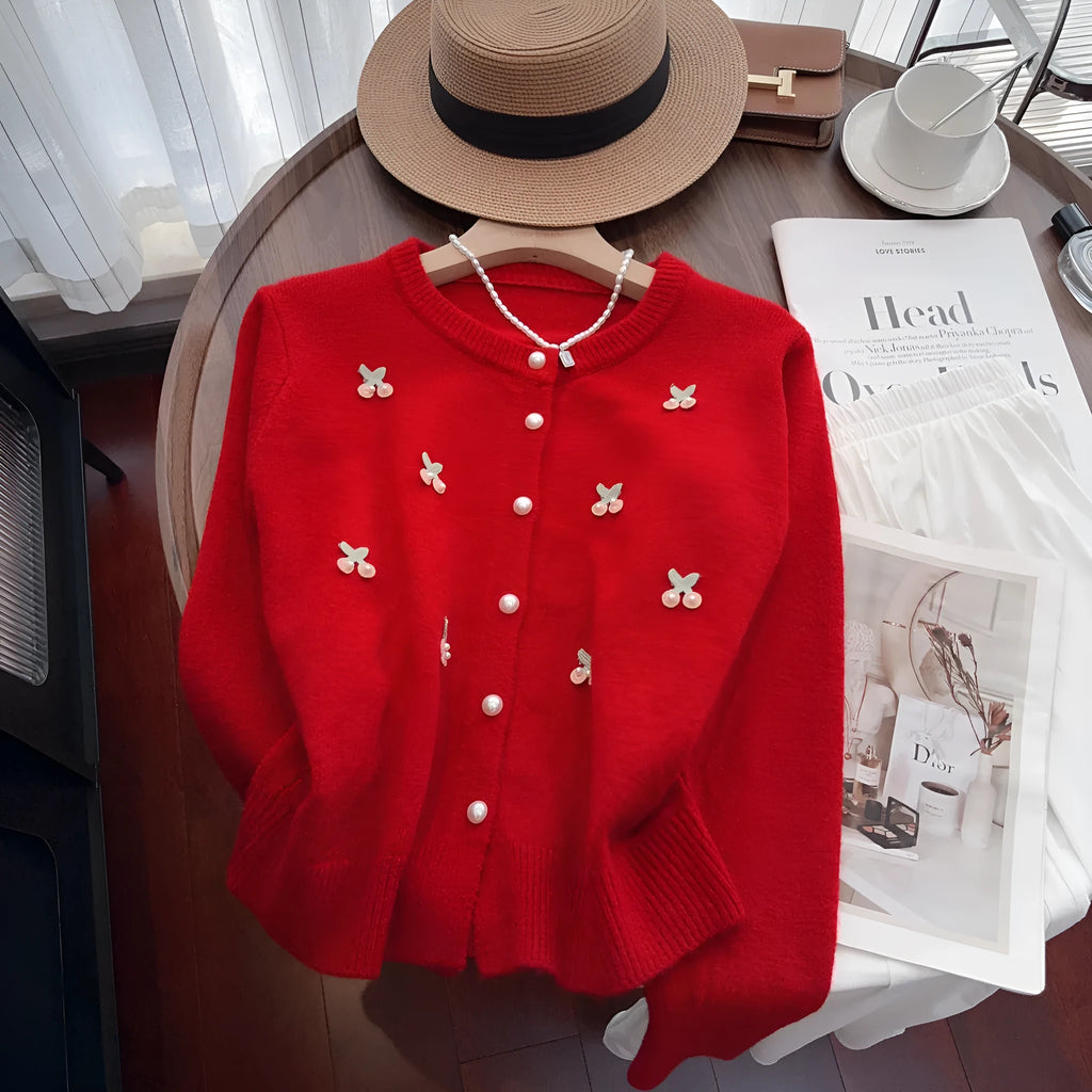 Cashmere cardigan sweater coat with beaded decoration in slim fit free size