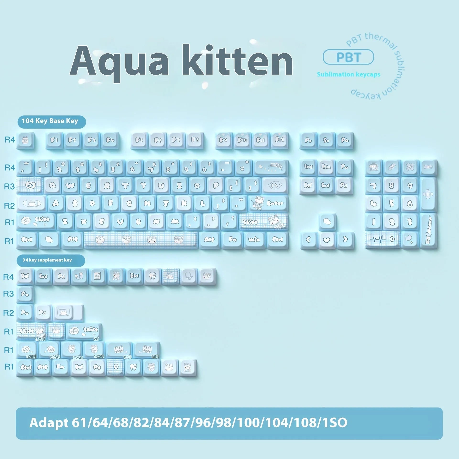 Water colour kitten design PBT keyboard keycap set with 138 or 158 keys.