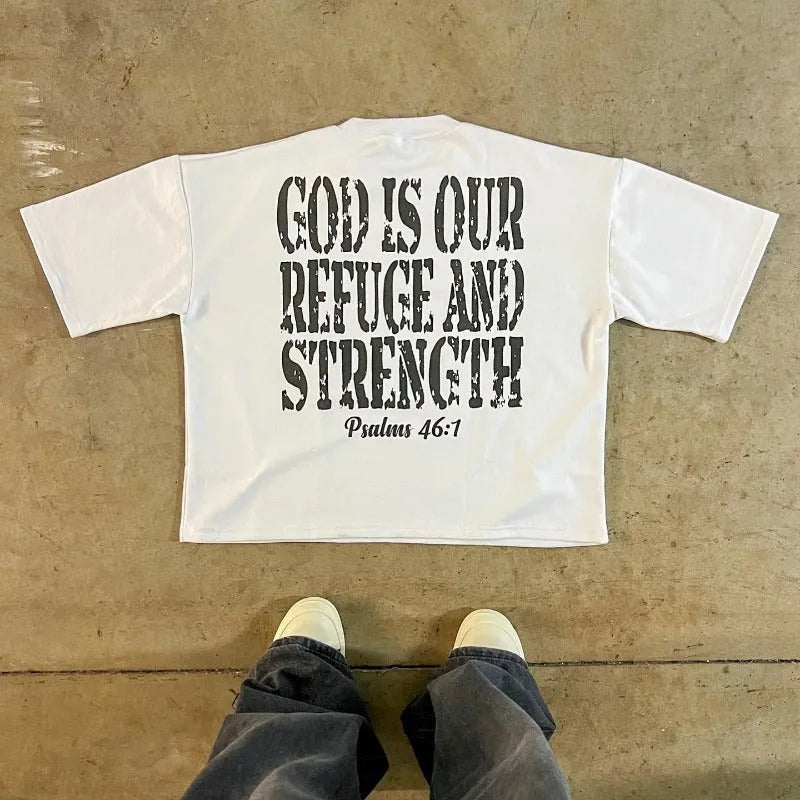 Printed cotton short sleeve t-shirt with retro street style and drop-shoulder sleeves on a hanger