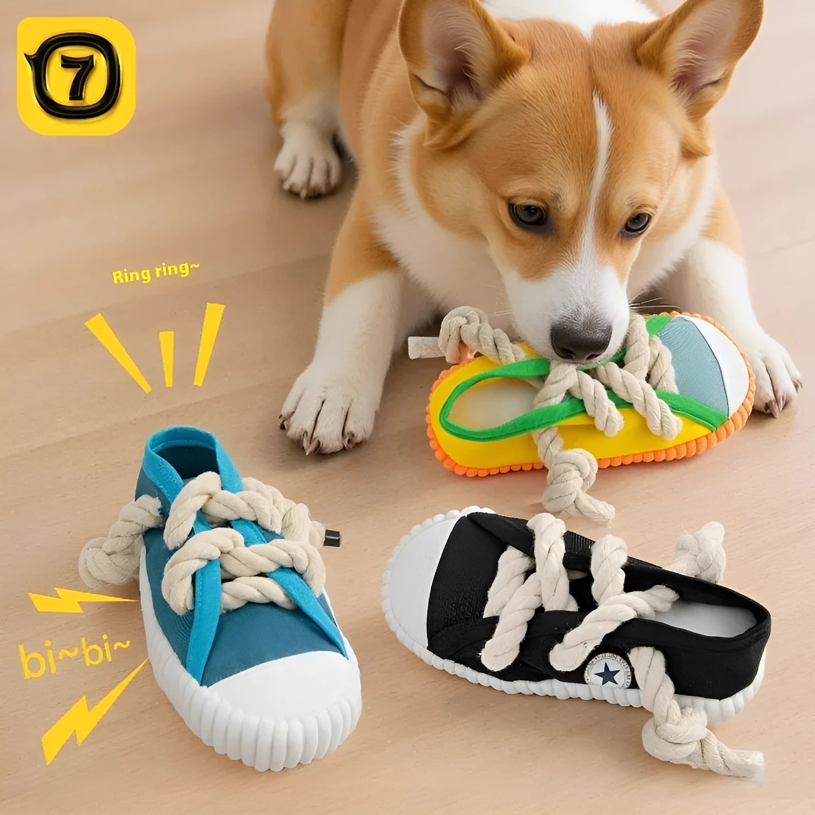 Plastic dog slipper chew toy with squeaker in yellow, black, or blue colour options