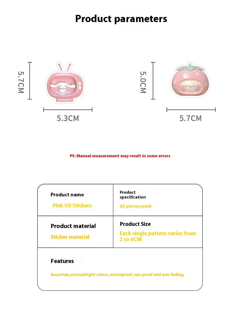 Two types of pink girl heart decorative stickers with realistic 3D appearance, 63 pieces per design