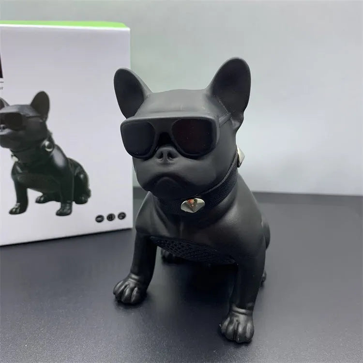 Mini full body bulldog Bluetooth speaker in three colour options showing dimensions