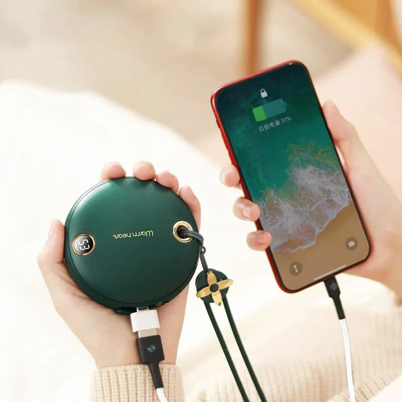 Green hand warmer power bank with digital display showing battery level, measuring 89.5mm square