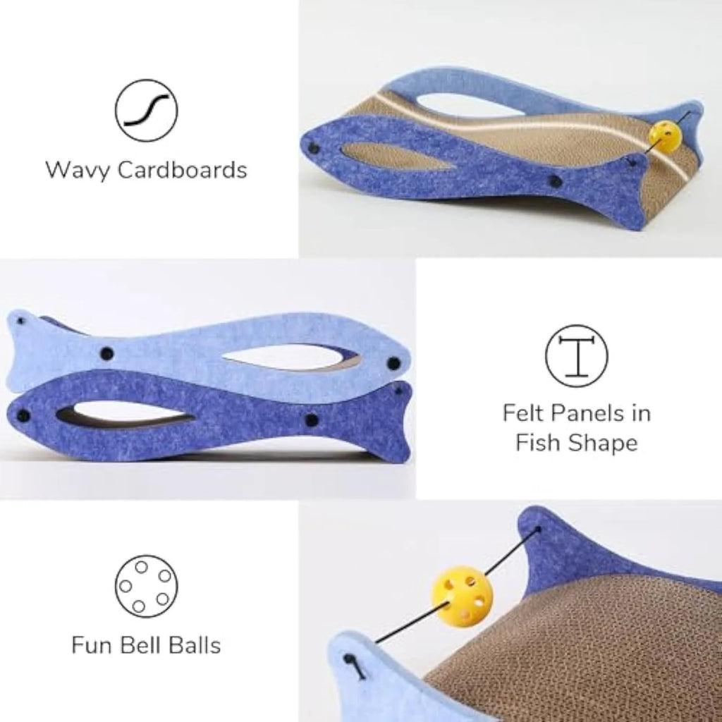 Blue fish-shaped corrugated cardboard cat scratcher lounge with bell ball toy attached.
