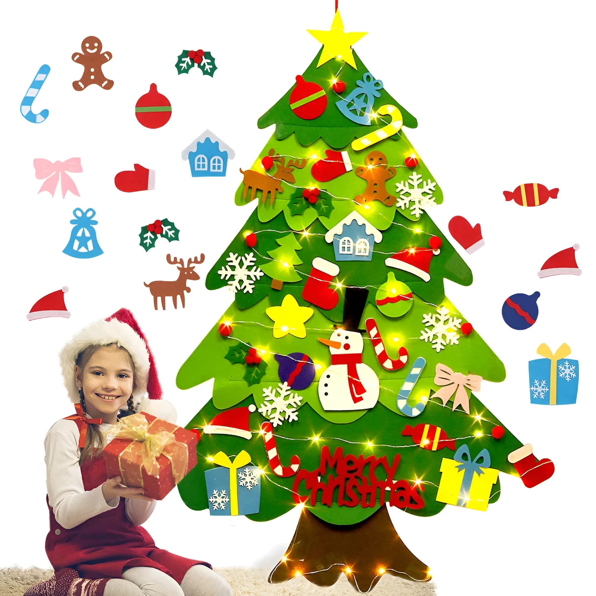 Children's DIY felt Christmas tree with lights 98cm tall green wall hanging decoration