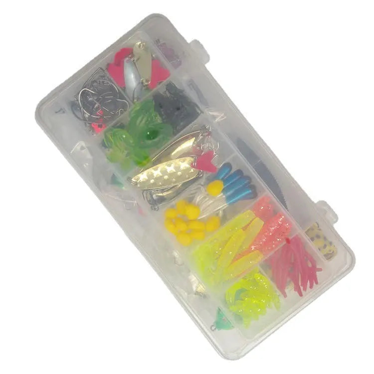 142-piece fishing lure set with metal and plastic baits including hard mino sequins and fishing pliers