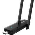 Black 300M WiFi signal amplifier with MTK chip and hidden heat sinks, 116mm by 45mm by 14mm PC casing