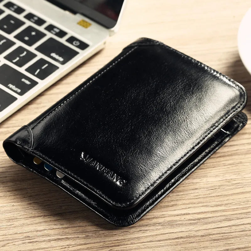 Men's black leather wallet open showing internal card slots, note compartment, and change section.
