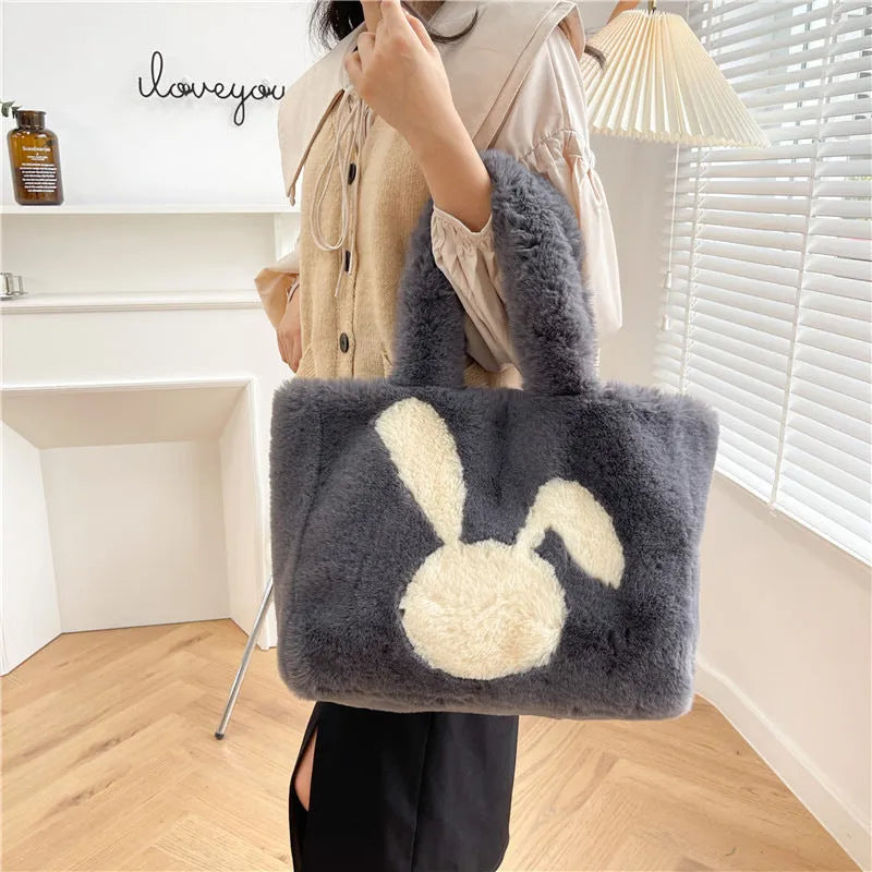Plush cartoon rabbit ears shoulder bag in solid colour with large capacity
