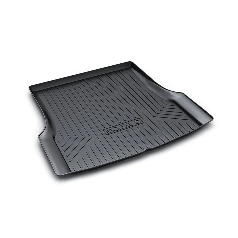 Rubber floor mats with TPE footrests designed for Tesla Model 3, Y, S, and X vehicles.