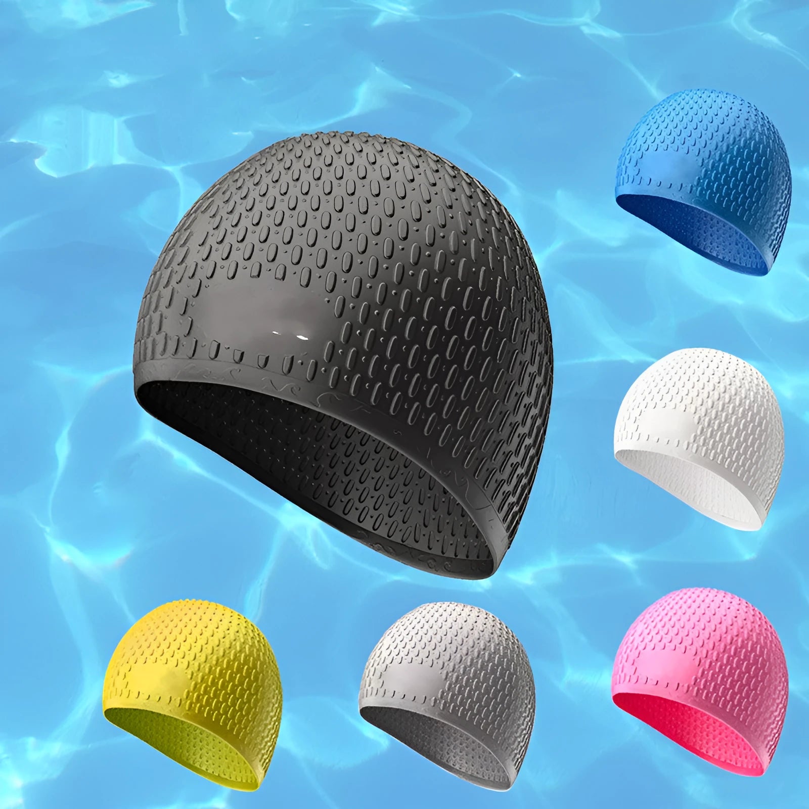 Solid colour silicone swimming cap for adults in one of nine available colours.