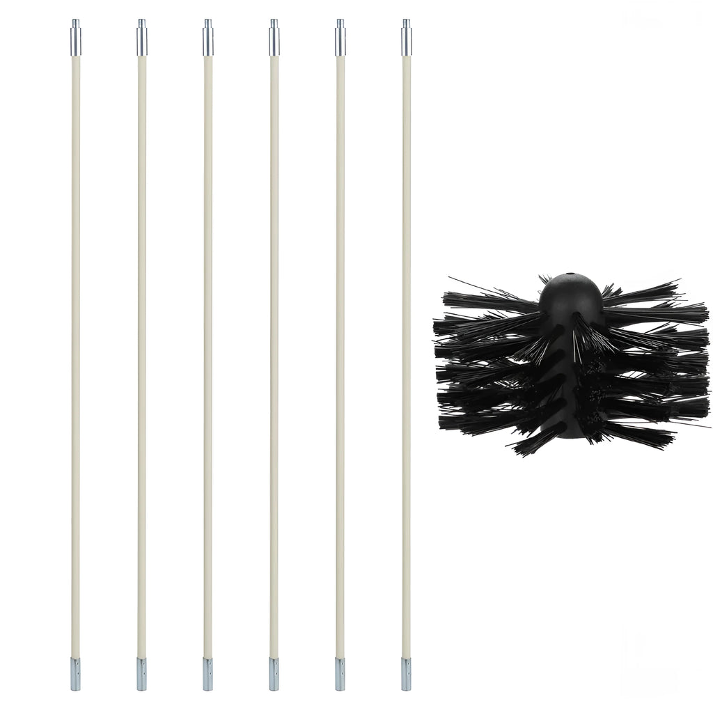 Flexible chimney cleaning brush with bendable rod and nylon bristles for dryer and duct cleaning.