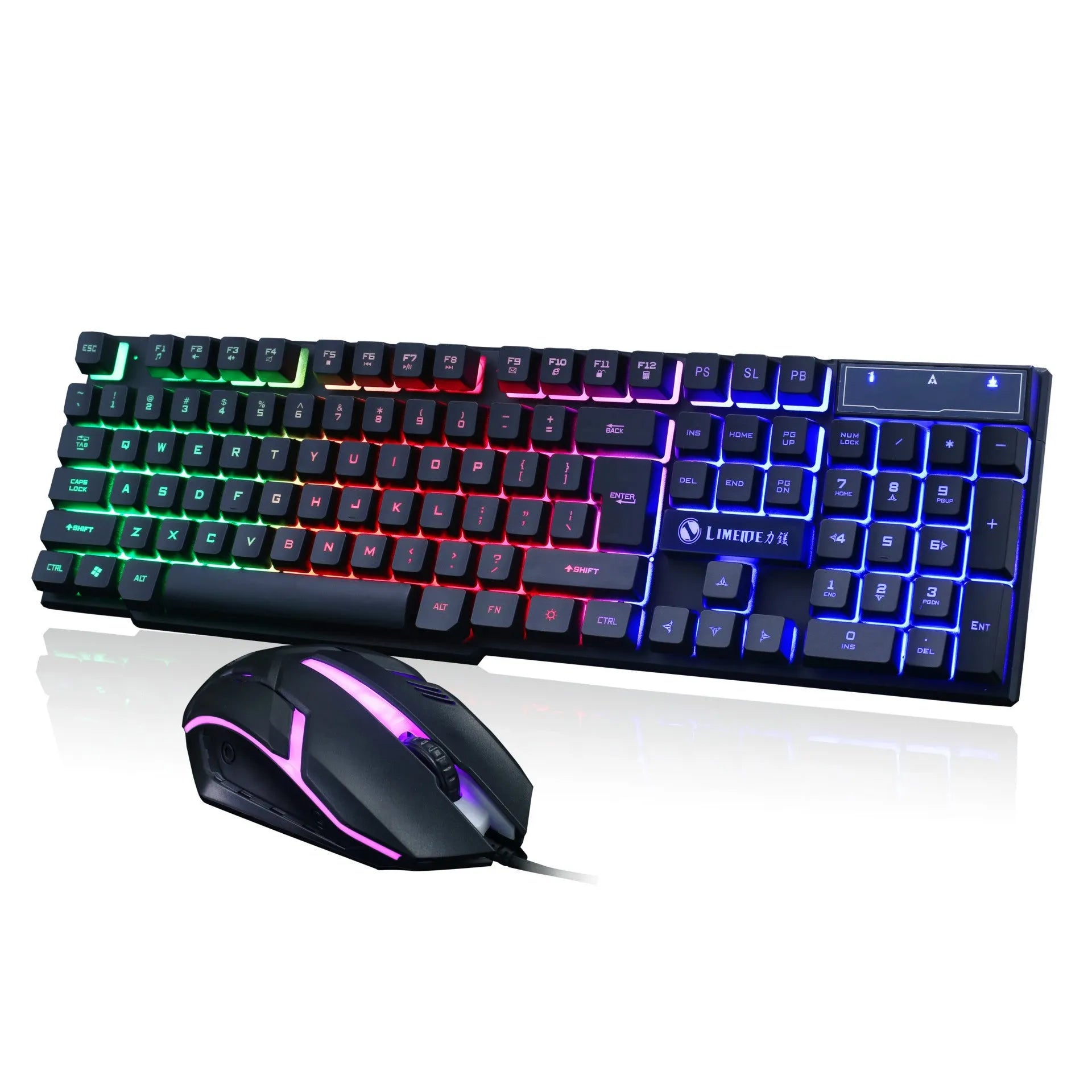 Limei Gtx300 gaming keyboard and mouse set showing backlit keys and multiple colour options