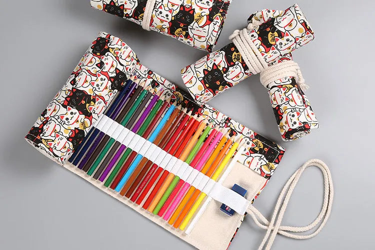 Canvas pencil wrap with multiple elastic bands rolled up showing slot configuration