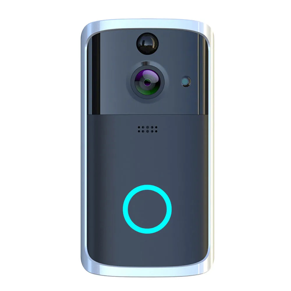WiFi video doorbell camera in black with two-way voice intercom and infrared night vision for remote home monitoring