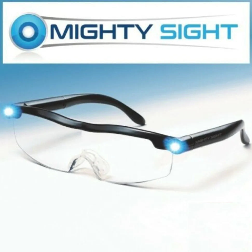 Transparent black reading glasses with a built-in USB LED light panel on the frame.