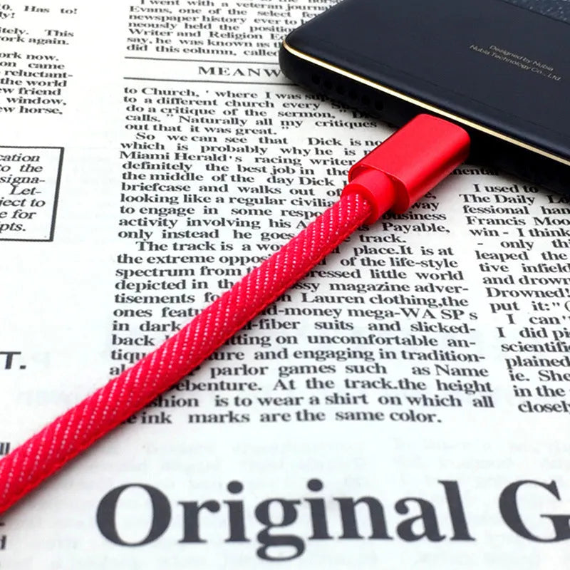 Cowboy-style denim USB Type-C charging cable with aluminium connectors in black, blue, and red colour options
