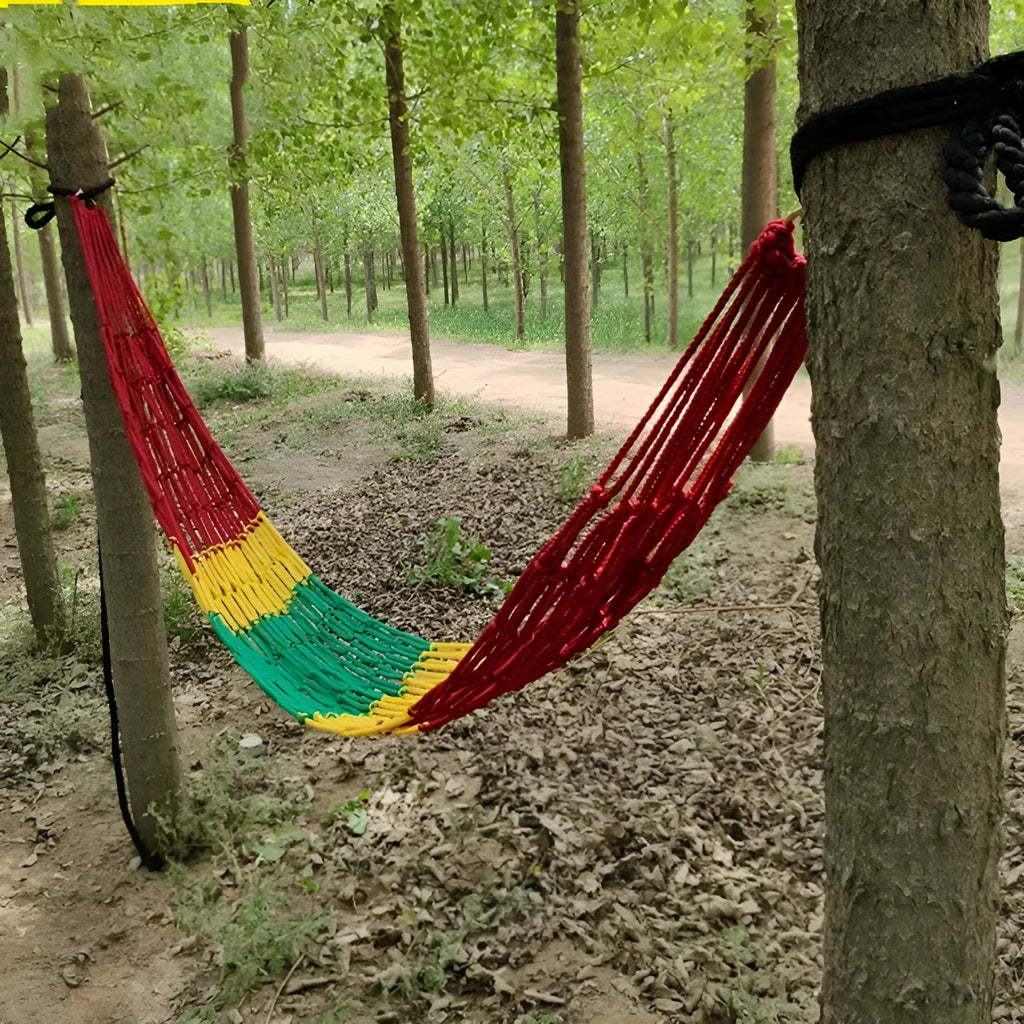 Nylon rope mesh hammock showing 1.1m width and 2.1m length dimensions for outdoor use