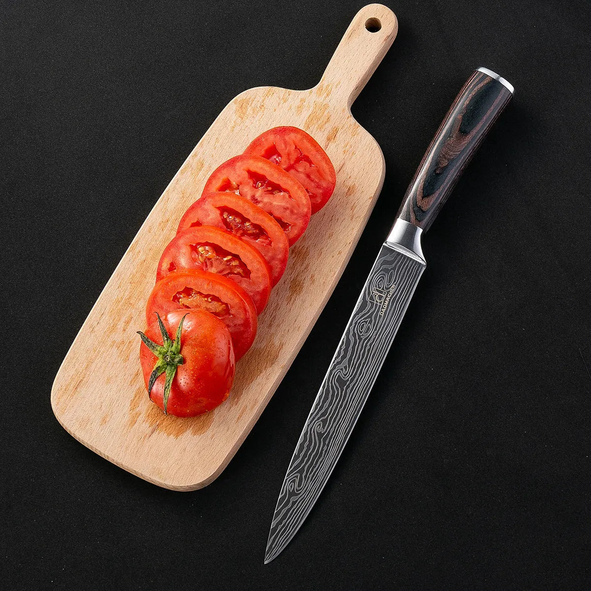 Chef knife with laser Damascus pattern blade and colour steel handle, 30cm long.