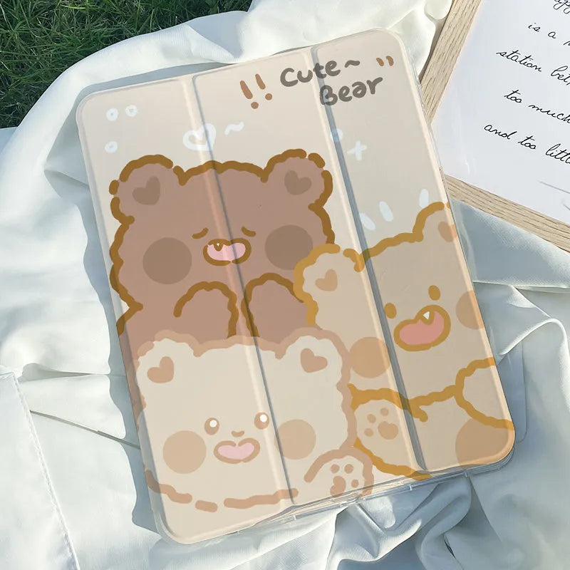 Silicone rabbit cartoon tri-fold protective case for iPad in stand mode.
