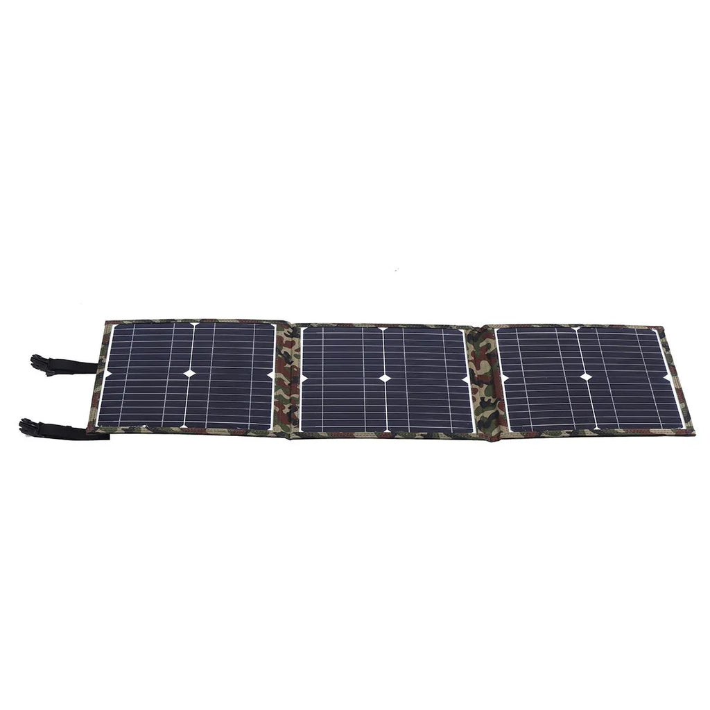 Black foldable 36W solar panel with monocrystalline cells and charging accessories displayed unfolded