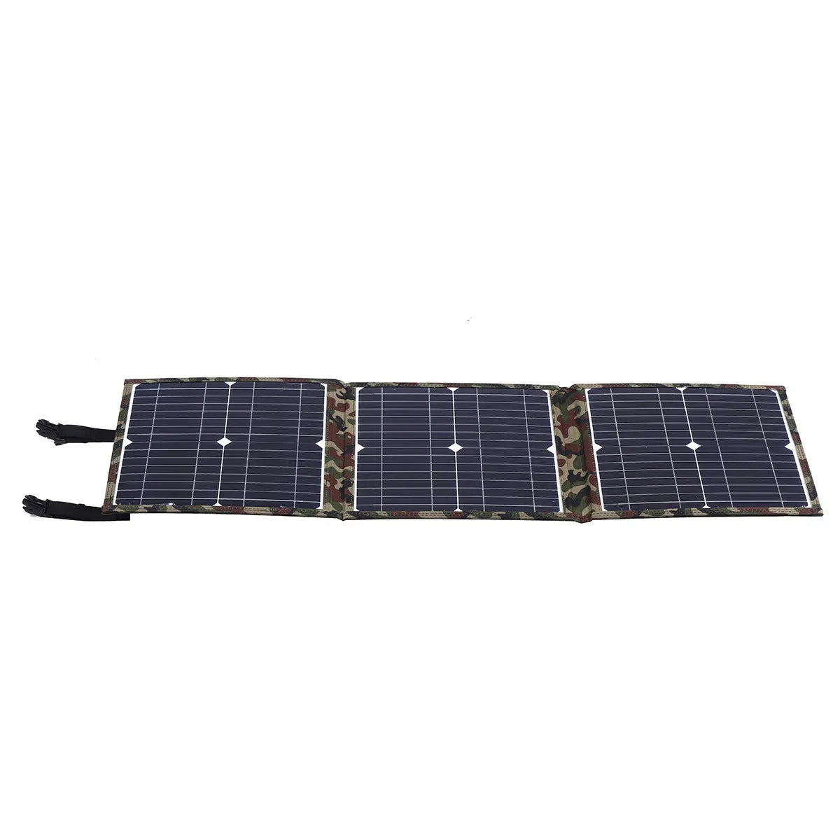 Black foldable 36W solar panel with monocrystalline cells and charging accessories displayed unfolded