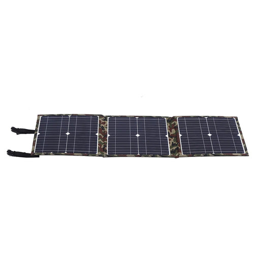 Black foldable 36W solar panel with monocrystalline cells and charging accessories displayed unfolded