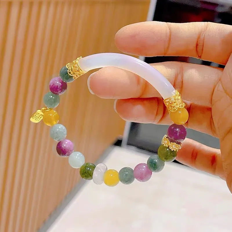Natural rainbow colour tourmaline half bracelet for women with electroplated finish.