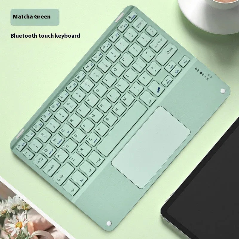 Square hat touch Bluetooth wireless charging keyboard in one of eight colour options on a desk.