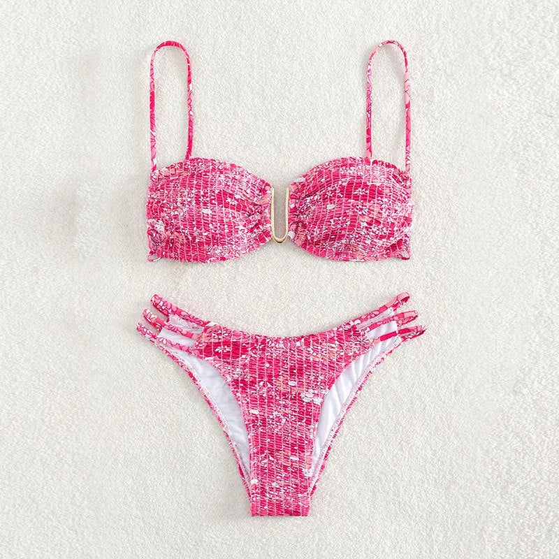 Women's floral bikini swimsuit with high-waist briefs in multiple solid colour options