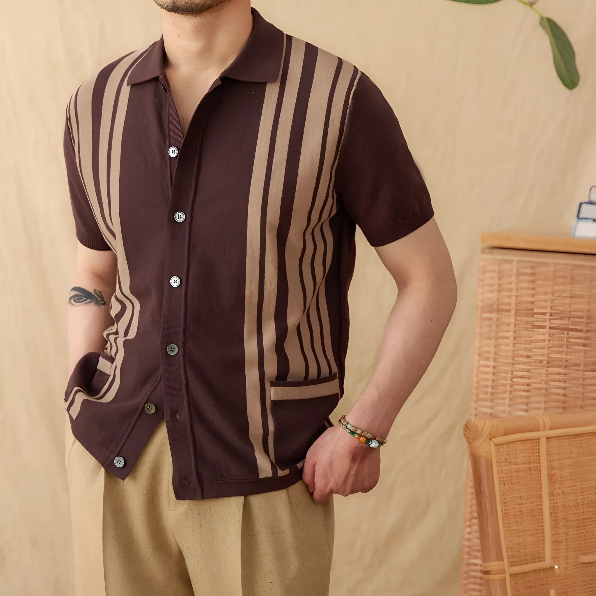 Men's striped short-sleeved polo cardigan knitted shirt with lapel collar in three colour options