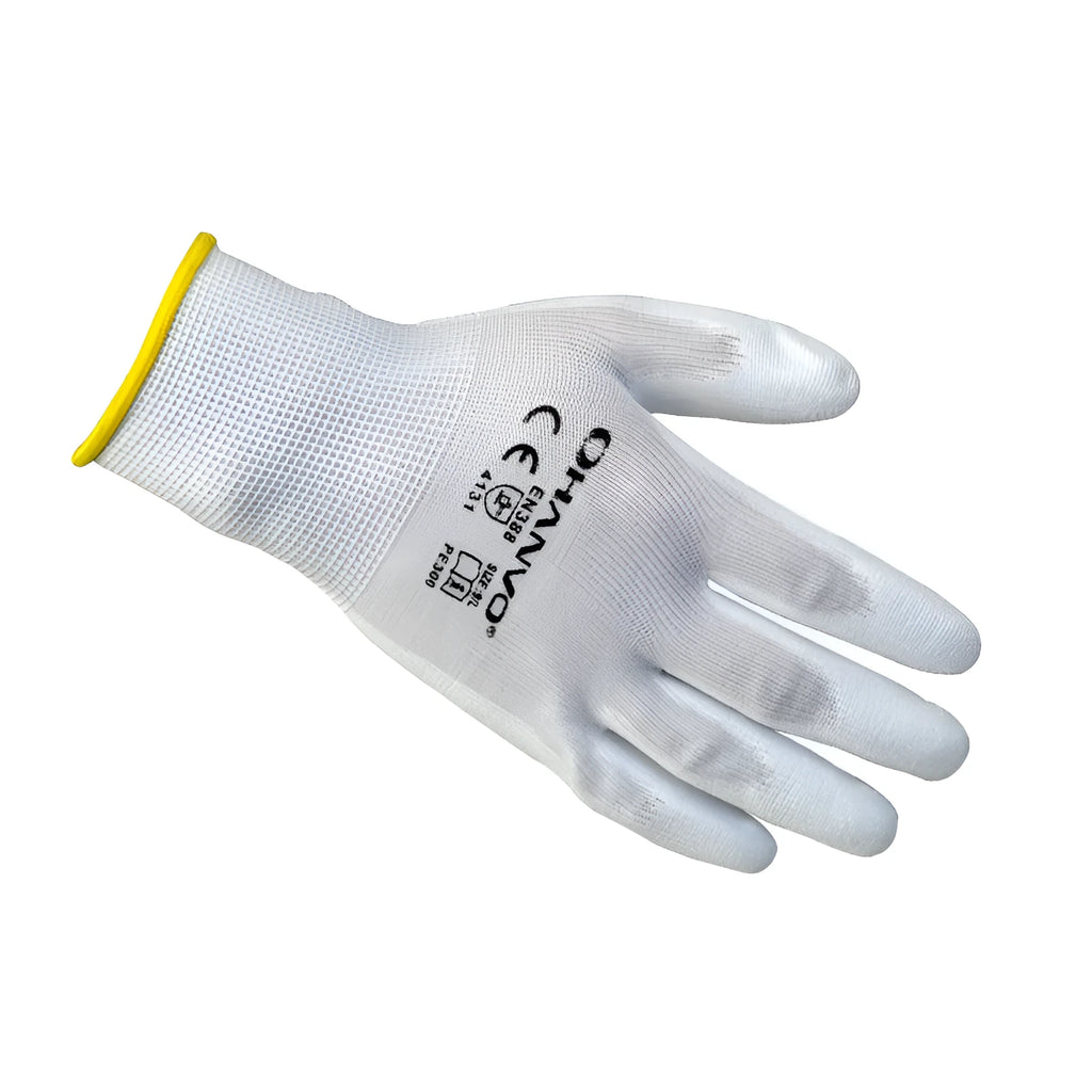 White PU-coated labour work gloves showing flexible coating and wrist coverage