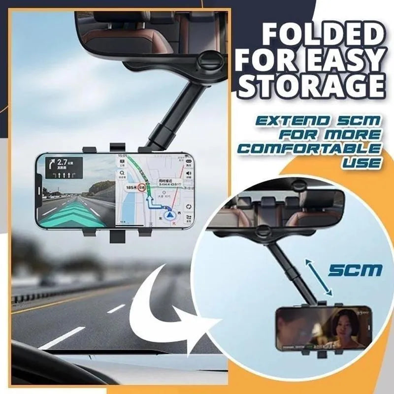 Black rearview mirror phone holder with 360 rotatable clamp and telescopic arm attached to car mirror