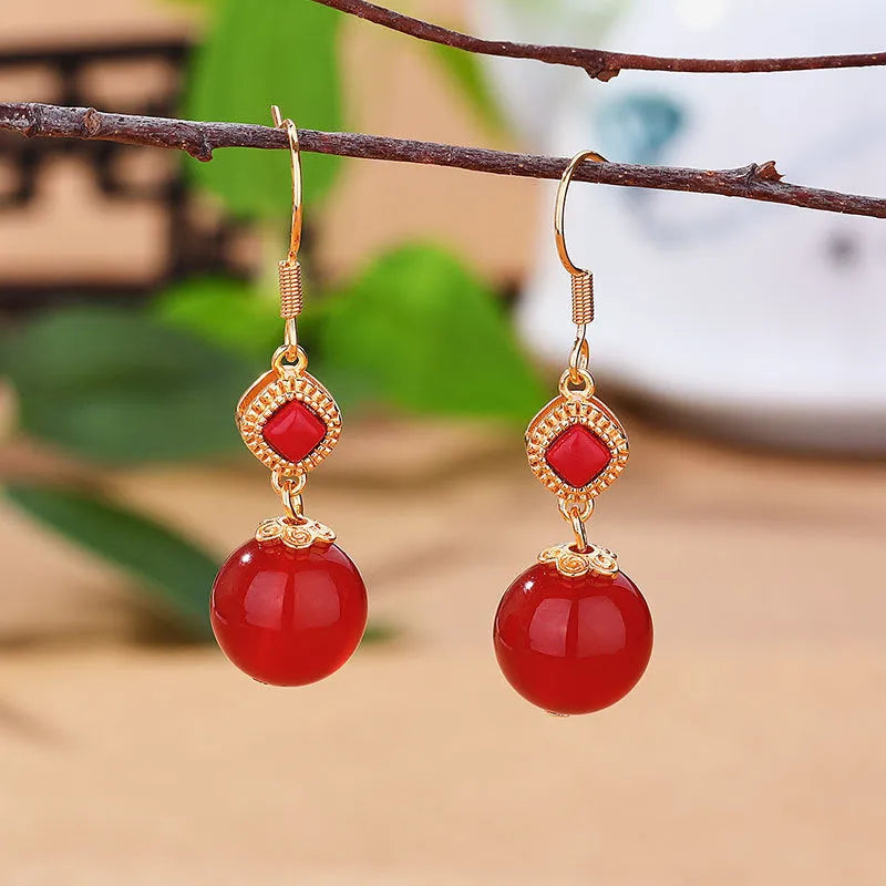 Geometric agate earrings with Southern Red Agate round beads and S925 silver inlaid accents on copper alloy