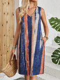 V-neck sleeveless dress with colour block striped pattern in mid-length casual style